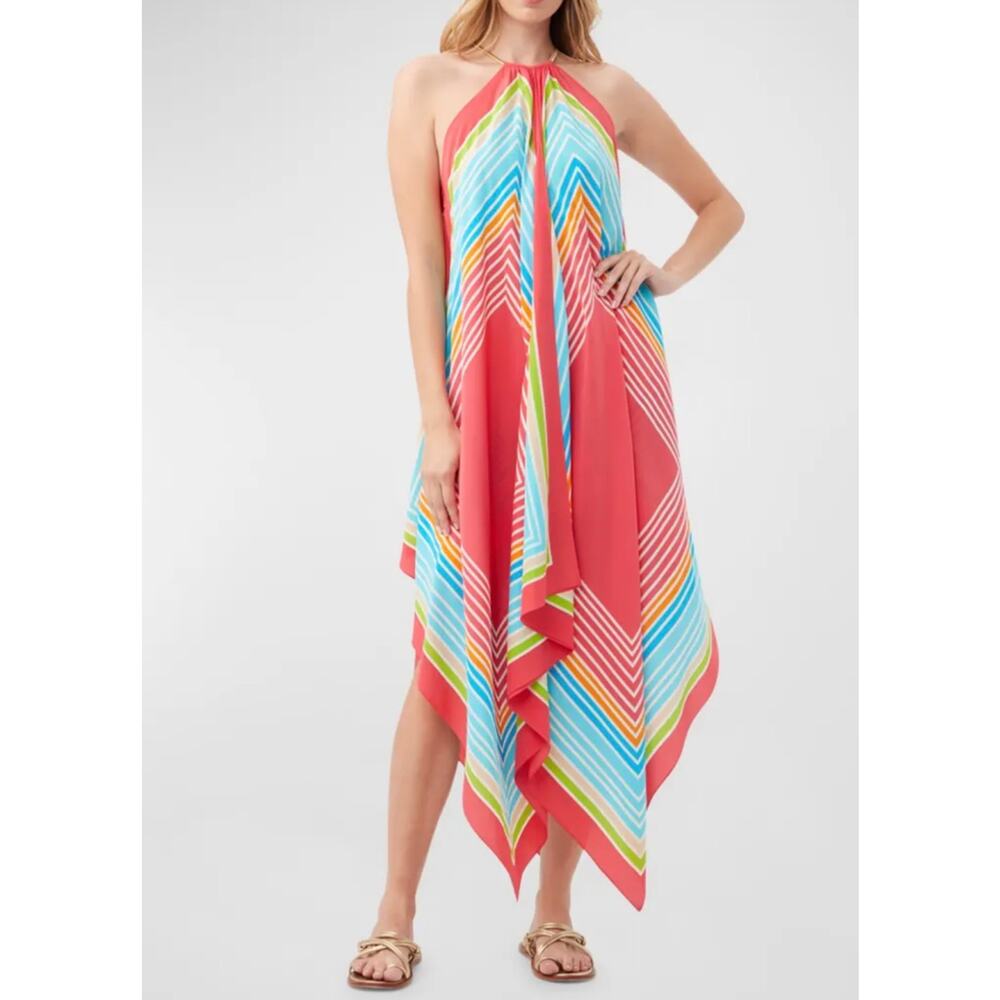 Trina Turk Justinian Handkerchief Halter Silk Maxi Dress XS, Multicolor, NEW$398